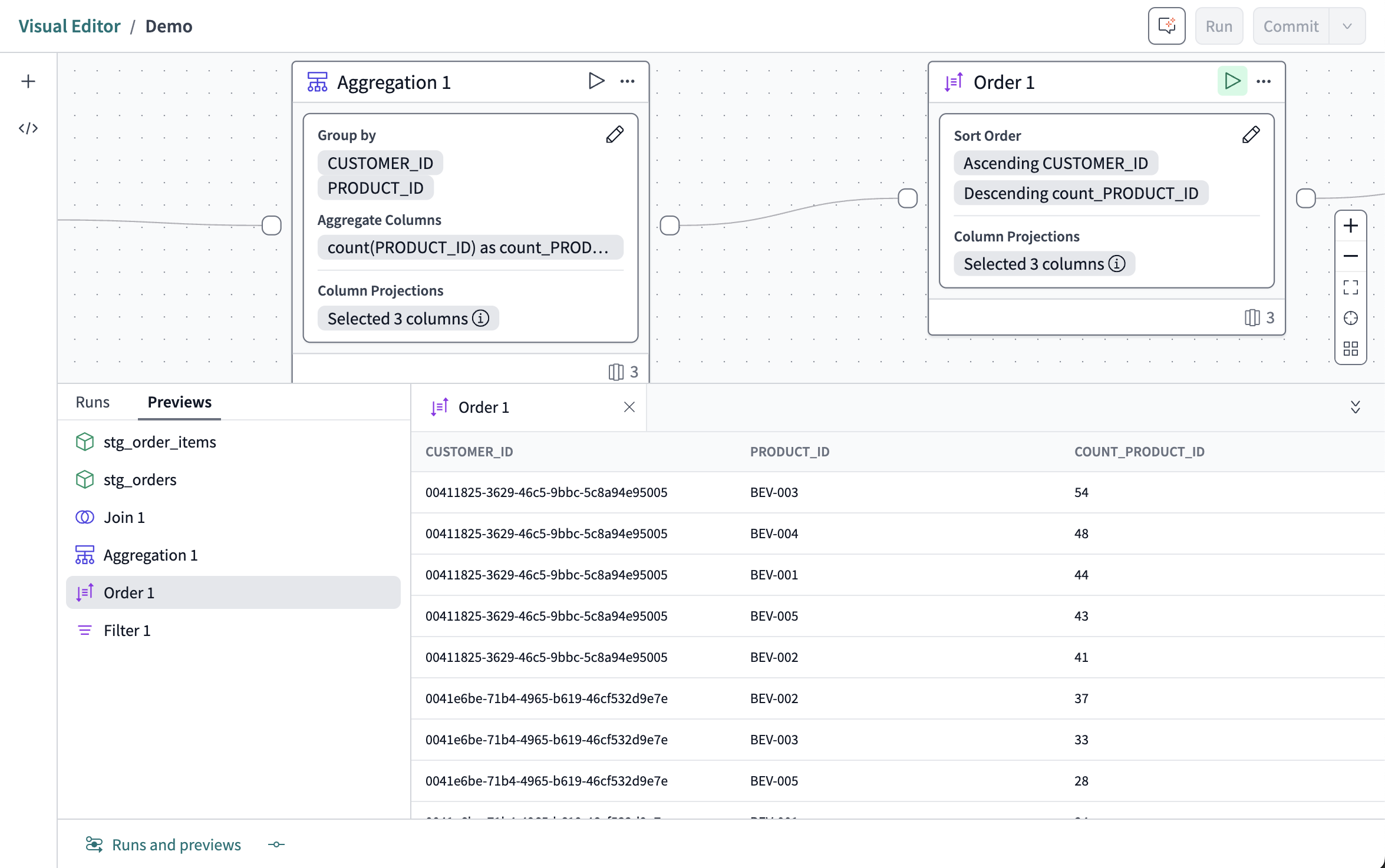 The ordered data operator tile config and data preview.